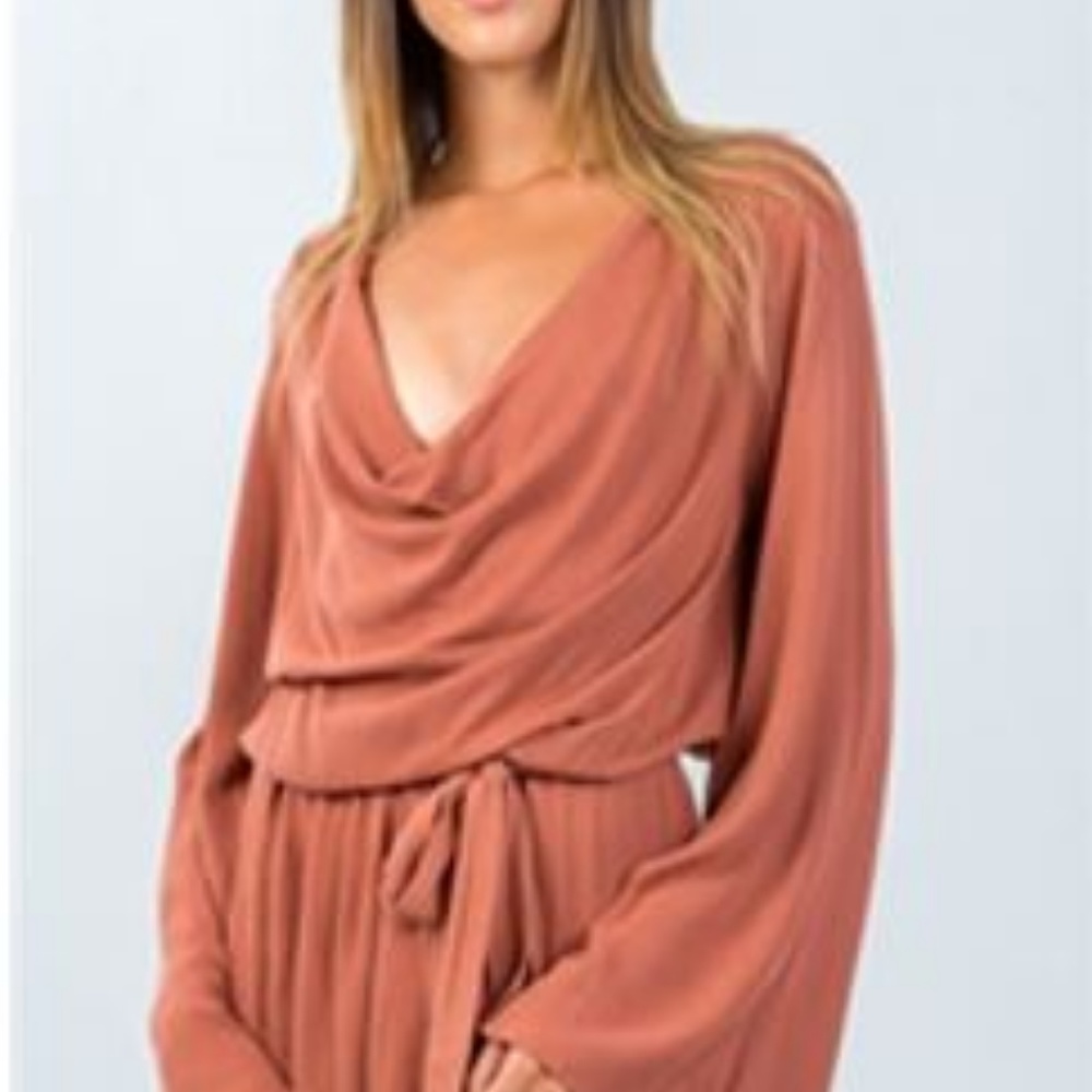 Rust Cowl-Neck Romper Bell Sleeves Romper - Picture 2 of 5